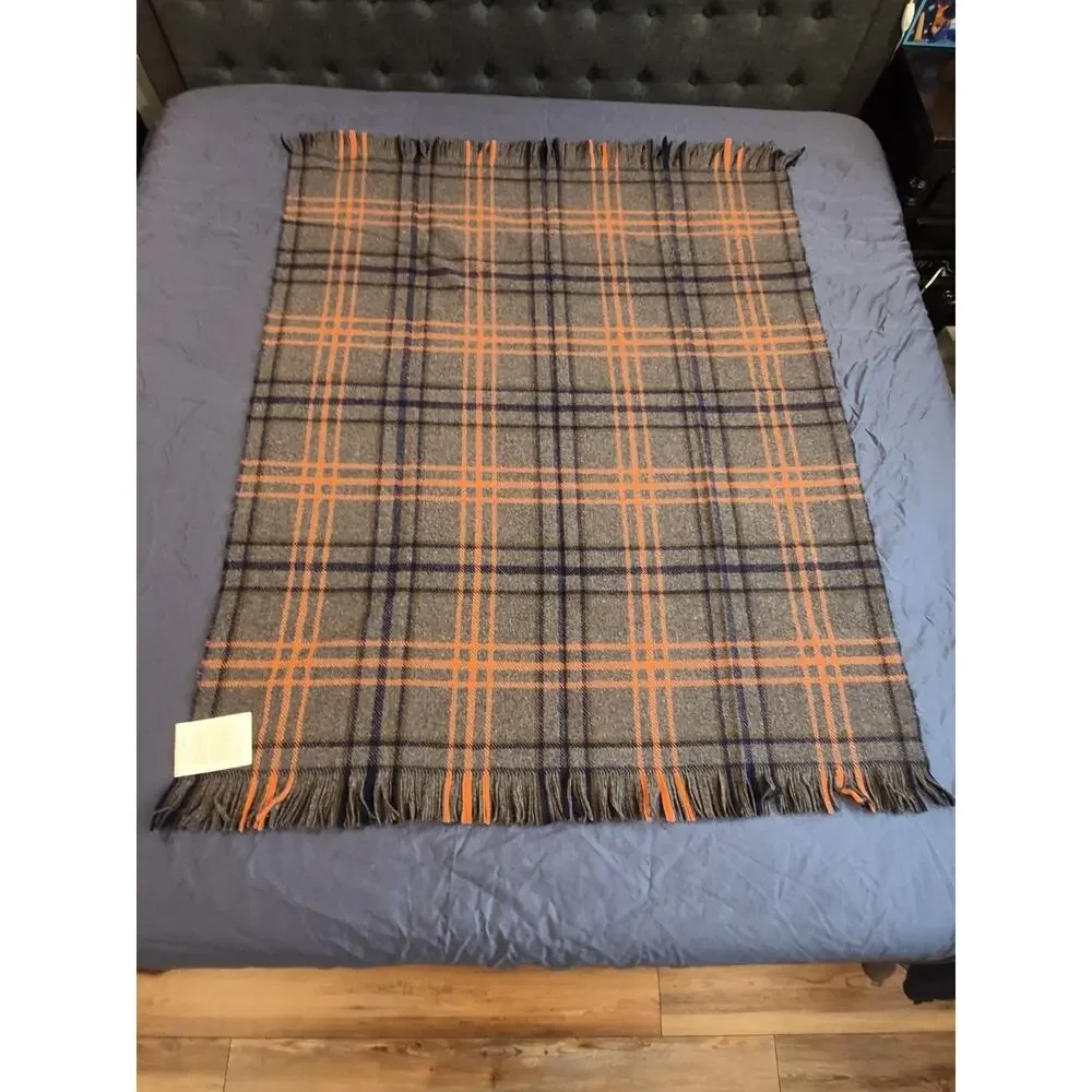 Amana Woolen Mills Gray Blue Orange Fringed Throw Blanket 50x60 NEW IN ORIGINAL